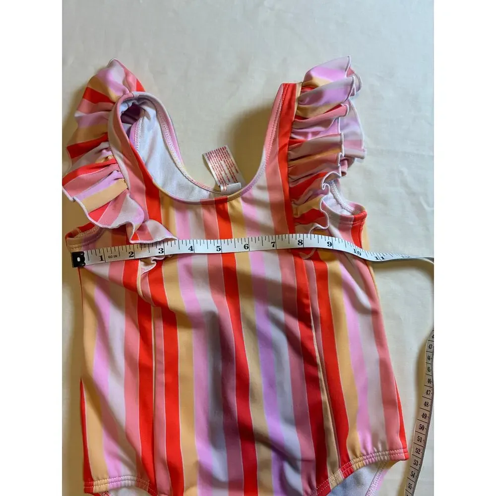 Cat & Jack 5T One Piece Swimsuit Pink Orange Stripe Ruffle Shoulder Swimwear